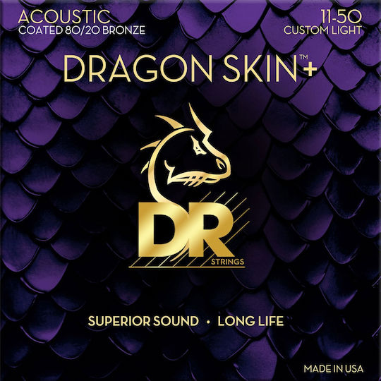 Струни за акустична китара Dr Strings Dragon Skin+ Da8-11 Coated 80/20 Bronze 011 050 Custom-light