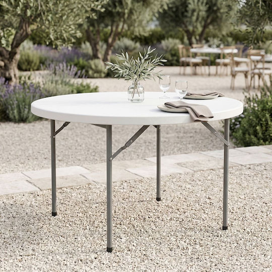 Comfort Outdoor Dinner Foldable Table with Plastic Surface and Metal Frame White Shade 120x120x74cm