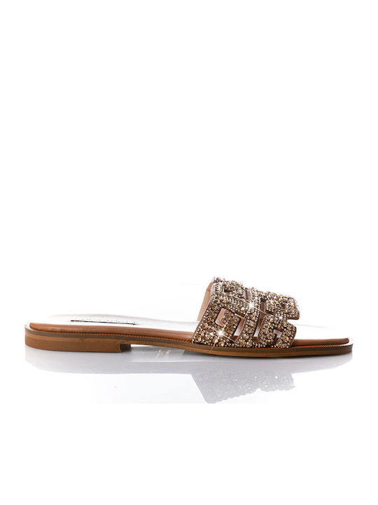 Leather Women's Flat Sandals in Gold Color