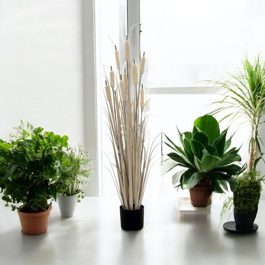 Artificial Cattail Grass Plant Grey Plastic Pot 122cm