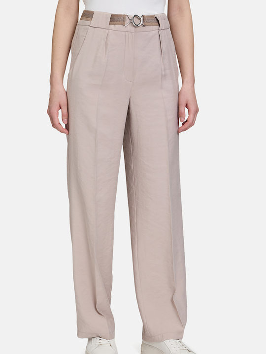 Women's High-waisted Fabric Trousers Loose Fit Biege