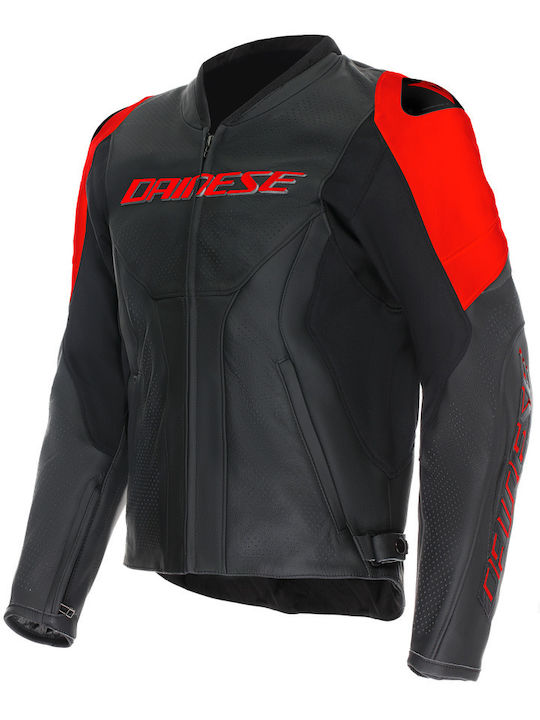 Dainese Racing 5 Perforated Sommer Herren Motorradjacke Leder Black / Black / Red-Fluo