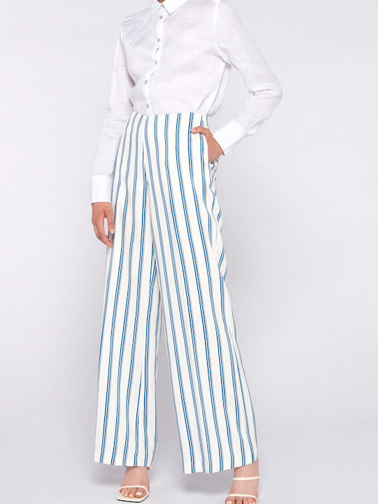 Silvian Heach Women's Fabric Trousers Straight Striped Blue
