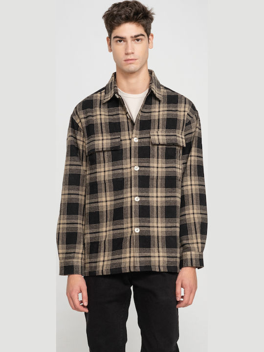 Long Sleeve Cotton Overshirt in Regular Fit Checked Beige