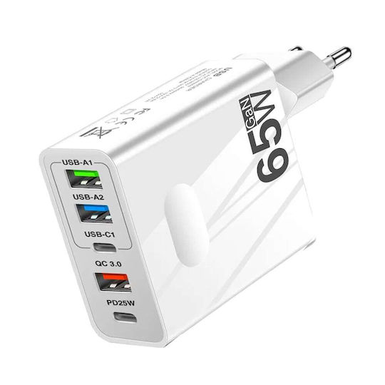 Techsuit Charger GaN with 3 USB-A Ports and 2 USB-C Ports and Cable USB-C 25W Power Delivery / Quick Charge 3.0 Whites (CHC1)