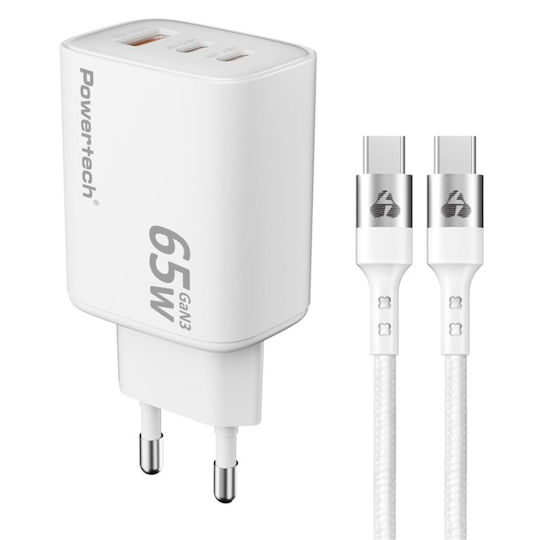 Powertech Ladegerät GaN mit USB-A Anschluss und 2 USB-C Anschlüsse und Kabel USB-C - USB-C 65W Stromlieferung Weißs (PT-1415)