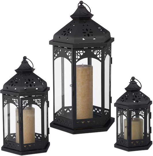 Set 3 Vintage Black Metal Lanterns Relaxdays