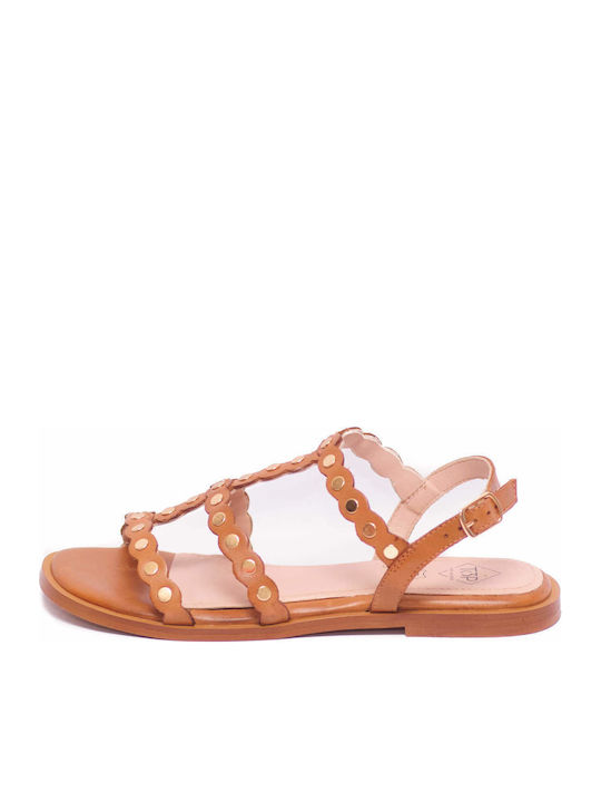 Leather Women's Flat Sandals in Tabac Brown Color