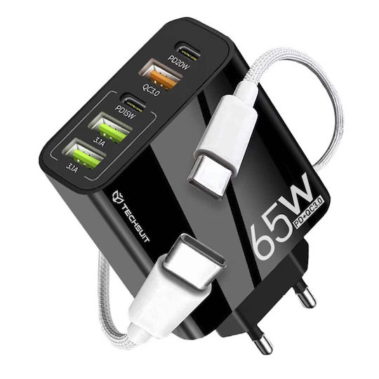 Techsuit Ladegerät mit 3 USB-A Anschlüsse und 2 USB-C Anschlüsse und Kabel USB-C - USB-C 20W Stromlieferung / Schnellaufladung 3.0 Schwarzs (CHC2)