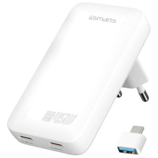 4Smarts Φορτιστής Χωρίς Καλώδιο GaN με 2 Θύρες USB-A 45W Power Delivery Λευκός (FlatPlug Slim)