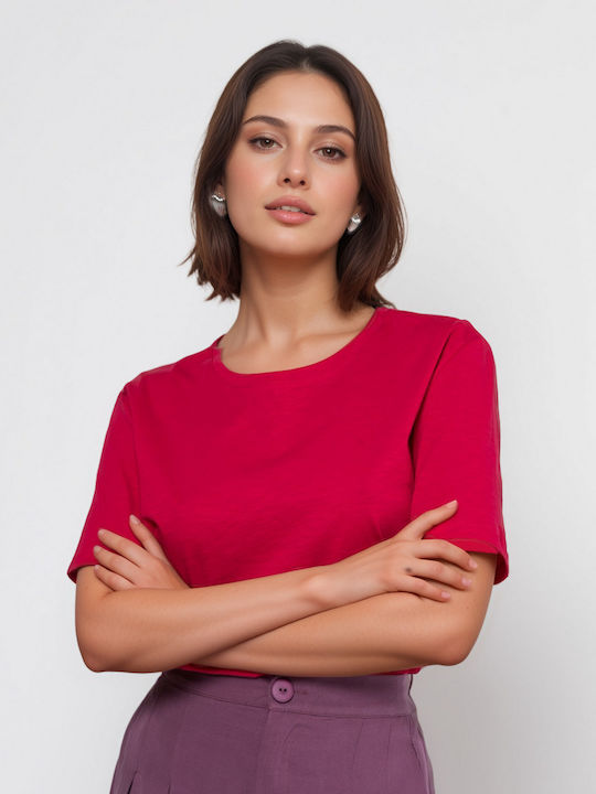 Noobass Women's Blouse Cotton Short Sleeve Fuchsia