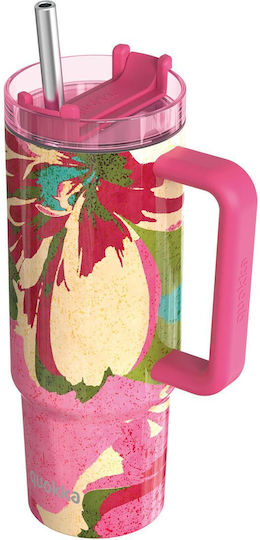 Quokka Glass Thermos Stainless Steel BPA Free 950ml Pink Flambe with Straw
