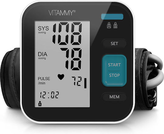 Tensiometru electronic de braț Vitammy Next 5 Basic, port USB, detectare aritmie, detectare mișcare corporală, manșetă 22-40 cm, negru alb