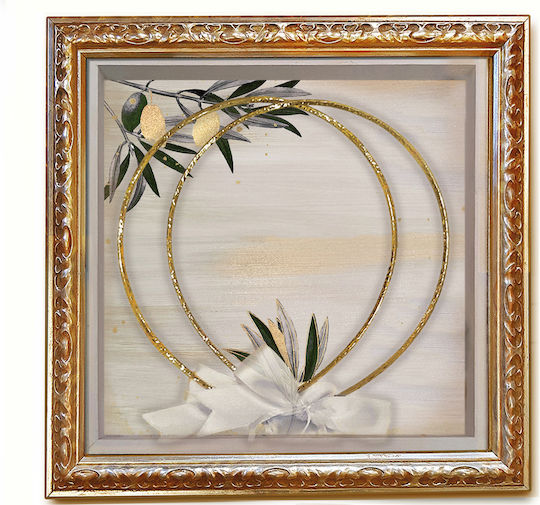 Goldene Hochzeitskronenbox Holzschnitzerei 30x30 cm Glas Olivenstoff Hintergrund
