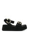 Leather Women's Flat Sandals in Black Color