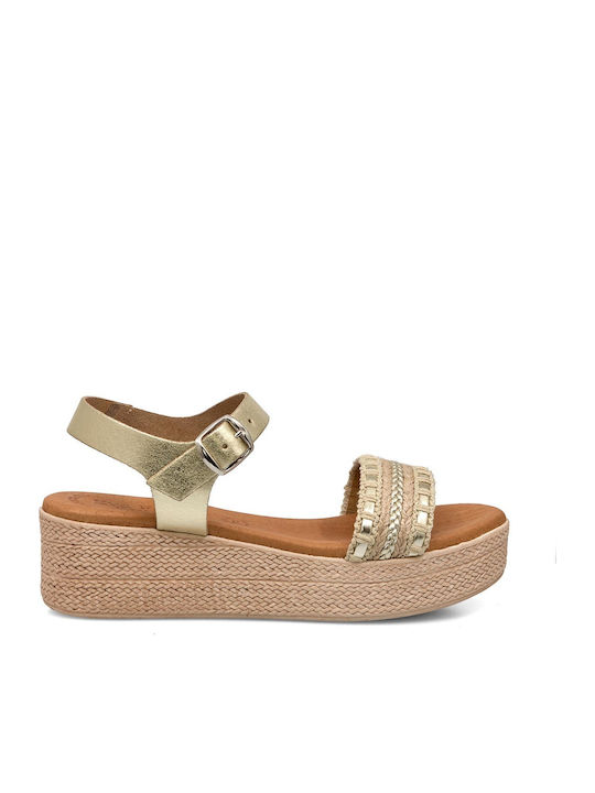 Leather Women's Flat Sandals in Gold Color