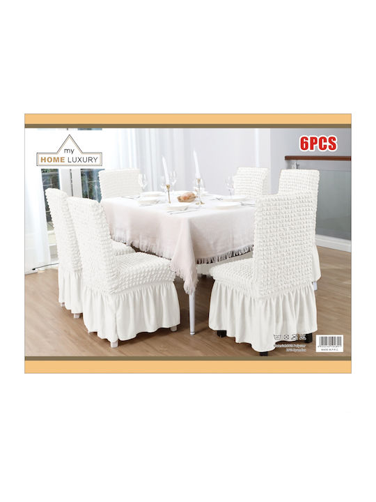 Set aus elastischen Stuhlhussen Weiß 6er-Set Rüsche Pp-6wt
