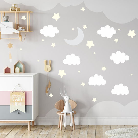 Wall Stickers For Nursery-kids Room Moon, Clouds And Stars Set Of 28pcs. - Turquoise