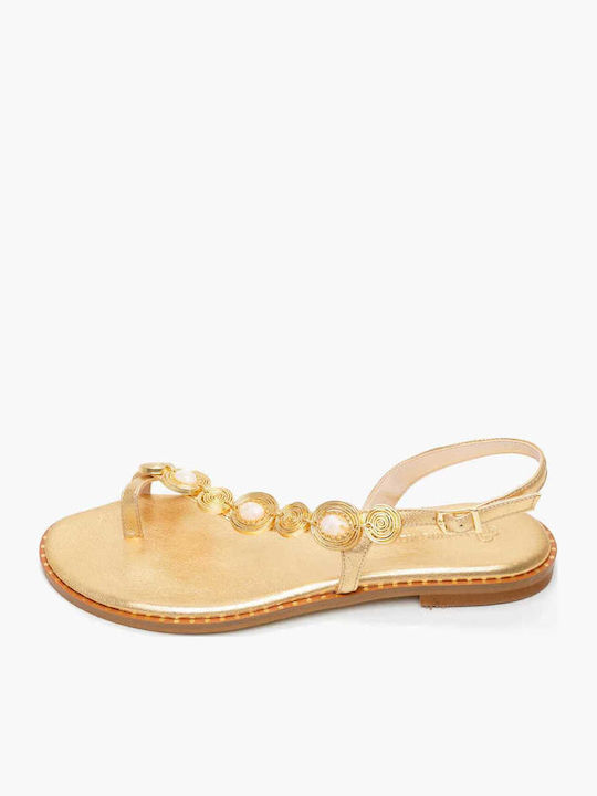 Leather Women's Flat Sandals in Gold Color
