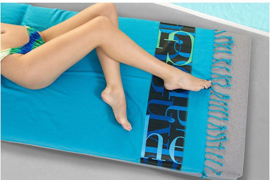 Guy Laroche Cotton Turquoise Beach Towel Pareo with Fringes 90x170cm