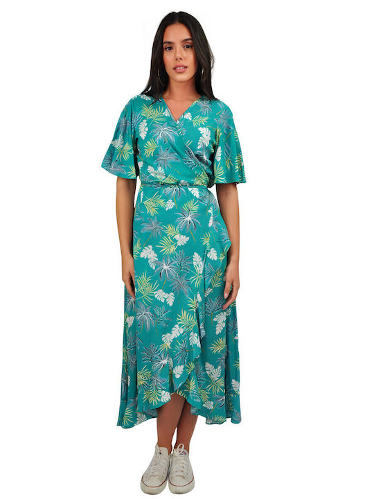 Summer Midi Dress Wrap with Ruffles Tropical Print