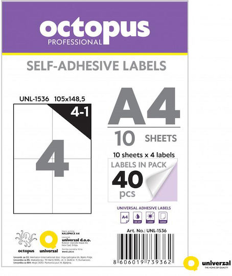 Octopus Αυτοκόλλητες Ετικέτες Α4 Ορθογώνιες 105x148mm