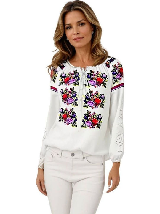 Bluze Damă Bumbac Mânecă Lungă Floral Alb Mov