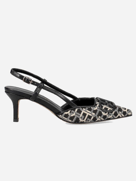 Synthetic Leather Pointed Toe Black Heels with Strap