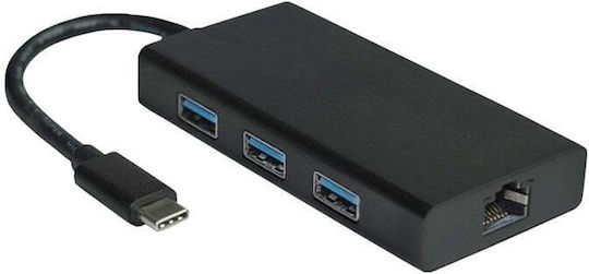 Roline Value Network Adapter 12.99.1109 From Usb Type C 3.1 To 10 100 1000 Rj-45 3x Usb 3.2 Black