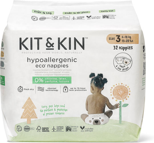 Kit & Kin Scutece cu bandă adezivă Eco-Friendly Hypoallergenic Nr. 3 pentru 6-10kg 32buc