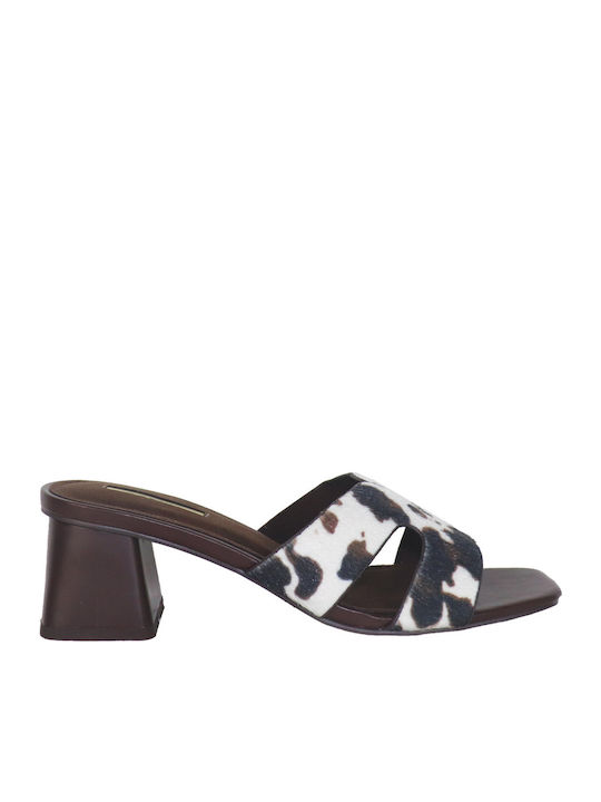 Leather Mules with Low Heel in Brown Color