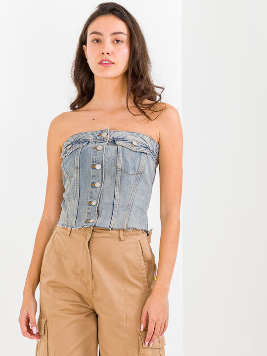 Women's Blouse Cotton Strapless Blue