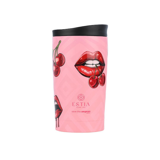 Estia Travel Mug Save The Aegean Recyclable Glass Thermos Stainless Steel BPA Free 350ml Blush Pop
