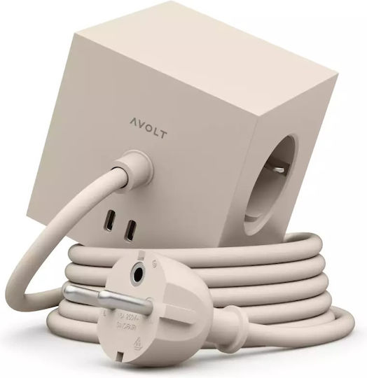 AVOLT Square Power Strip with Surge Protection 3 Positions with 2 USB-A, USB-C and Cable 1.8m Beige