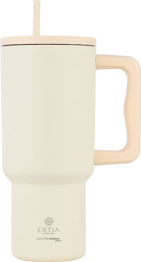 Estia Straw Tumbler XL Save the Aegean Recyclable Handled Tumbler Thermos Stainless Steel BPA Free 900ml Lily White with Straw and Handle