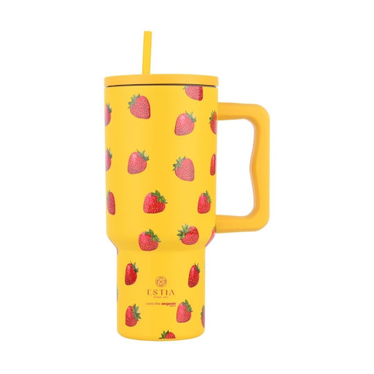 Estia Straw Tumbler XL Save the Aegean Recyclable Handled Tumbler Thermos Stainless Steel BPA Free 900ml Berry Bright with Straw and Handle