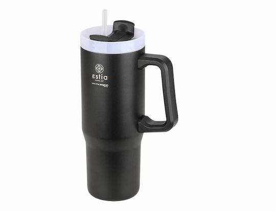 Estia Straw Tumbler XL Save the Aegean Recyclable Handled Tumbler Thermos Stainless Steel BPA Free 900ml Midnight Black with Straw and Handle