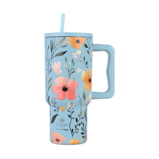Estia Straw Tumbler XL Save the Aegean Recyclable Handled Tumbler Thermos Stainless Steel BPA Free 900ml Sky Garden with Straw and Handle