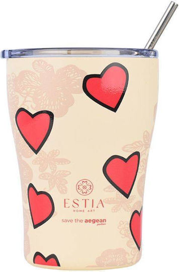 Estia Coffee Mug Save The Aegean Recyclable Glass Thermos Stainless Steel BPA Free 350ml Tender Lace with Straw