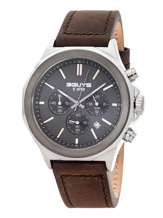 3Guys Men's Watch Chronograph Battery with Brown Leather Strap