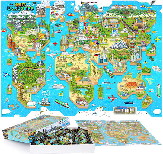 Retro 8-Bit Pixel Puzzle 1000 Teile Level 3 Weltkarte