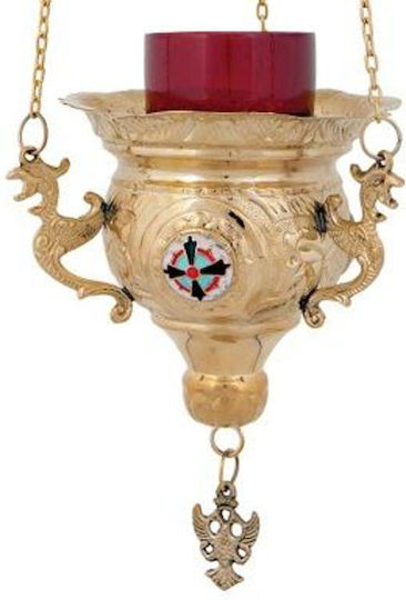 Kirchen-Vigilöl-Lampe Messing Hängend Graviert Vergoldet Byzantinisch Emaille Größe 14 cm
