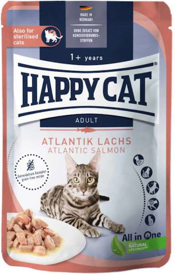 Happy Cat Υγρή Τροφή για Ενήλικες Γάτες σε Φακελάκι με Σολομό, Ψάρια και Κρέας χωρίς Σιτηρά 85gr