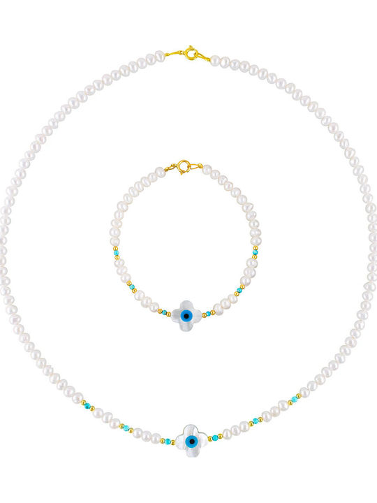 Margaritari Set with Necklace , Bracelet & Pendant from Gold 14K with Pearls