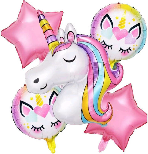 Σετ 5 Μπαλόνια Γενεθλίων Μονόκερος Foil Ροζ Unicorn Stars