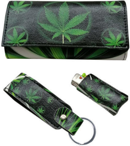 Handmade Synthetic Leather Tobacco Pouch Set with Keychain Lighter Case in Green