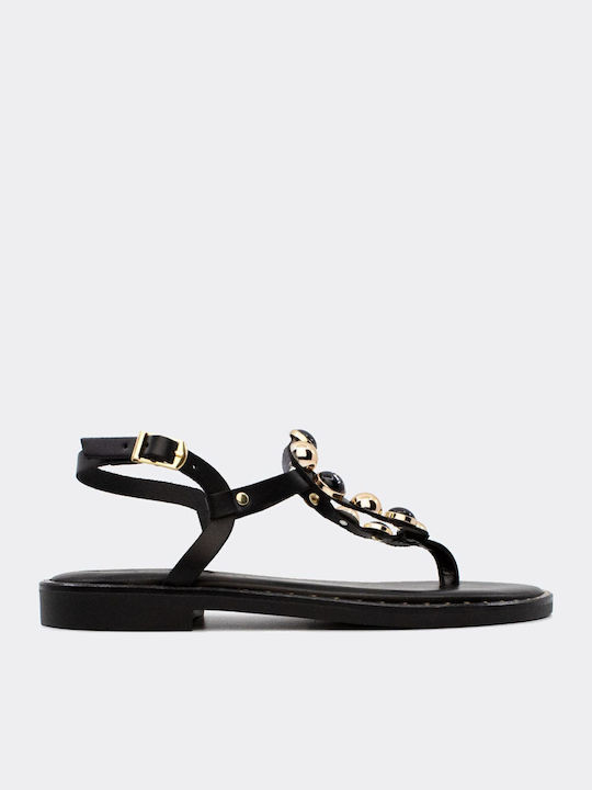 Leather Women's Flat Sandals in Black Color