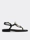 Leather Women's Flat Sandals in Black Color