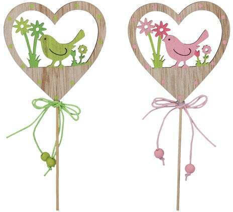 Holz Vogel Herz Set/8 8x8cm Pin Rosa Grün