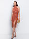 Summer Midi Evening Dress Open Back with Tearing Pink